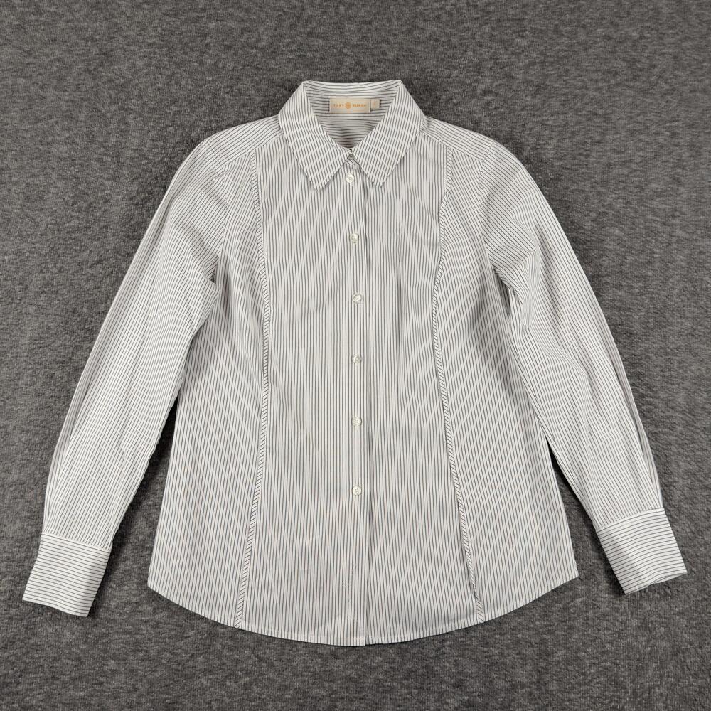 Tory Burch Shirt Womens 2 White Stripe Long Sleeve Button Front Collared